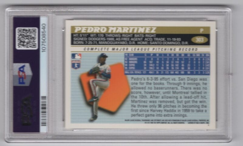 1996 TOPPS PEDRO MARTINEZ PSA 10 MONTREAL EXPOS #303 PERFECT PSA 10 - Image 3