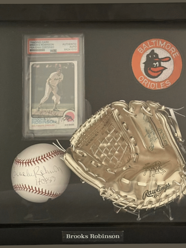 Brooks Robinson Collection w/ Autographed Card, Baseball & Mini-Gold Glove.