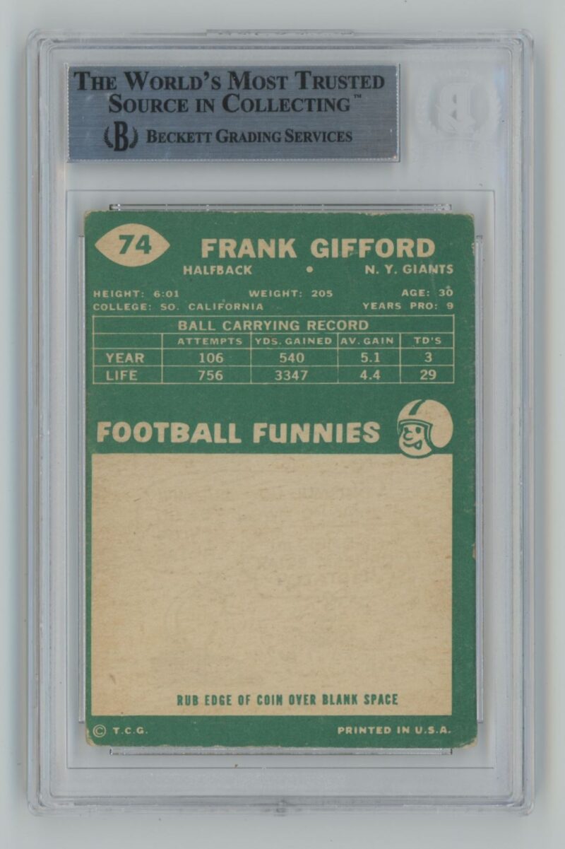 1960 TOPPS FRANK GIFFORD ROOKIE AUTO BECKETT NEW YORK GIANTS #74 AUTHENTIC - Image 3
