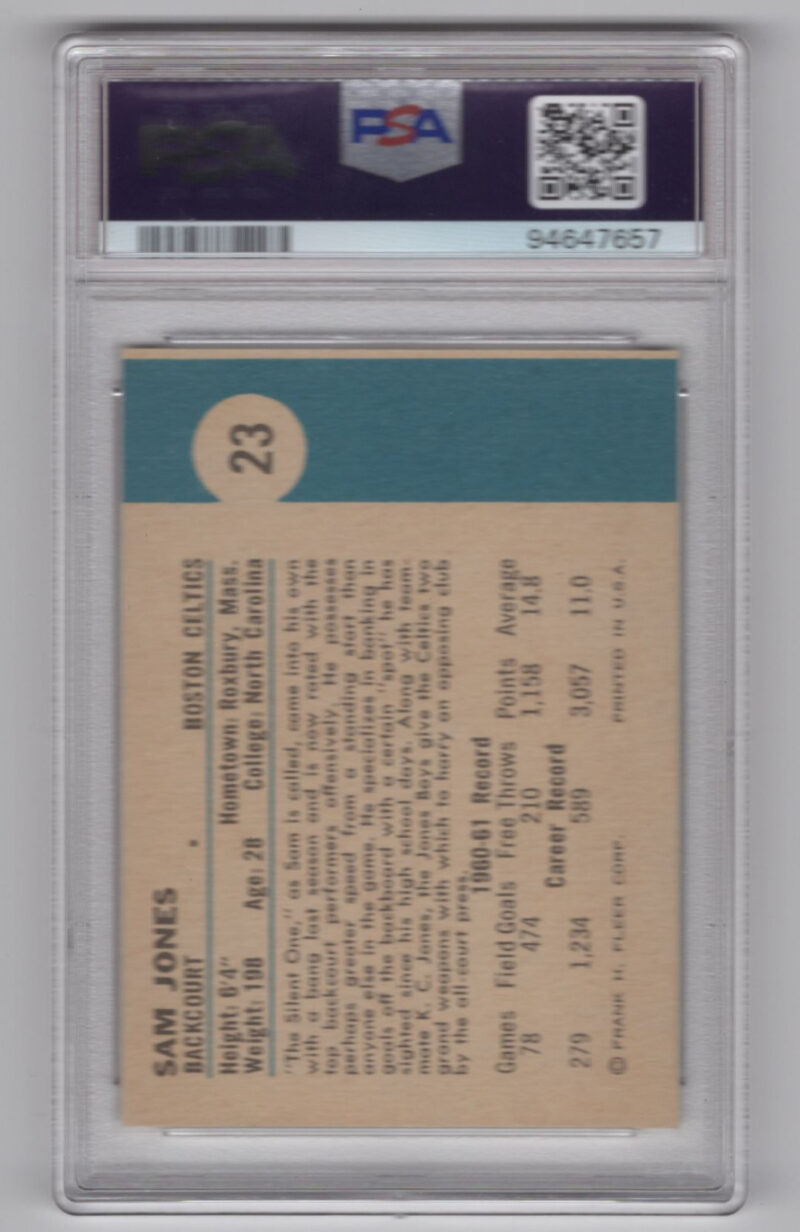 1961-62 FLEER 0 SAM JONES ROOKIE PSA 9 BOSTON CELTICS #23 - Image 3