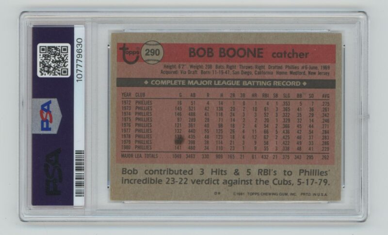 1981 TOPPS BOB BOONE AUTO PSA 6 PHILADELPHIA PHILLIES #290 AUTHENTIC AUTOGRAPH - Image 3