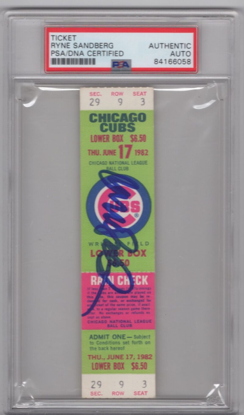 1982 MLB GAME TICKET RYNE SANDBERG AUTO PSA CHICAGO CUBS JUNE 17 1982 GAME