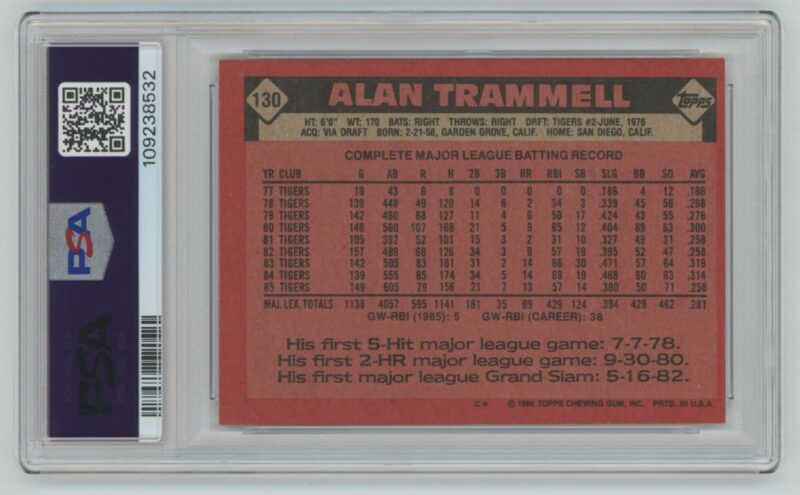 1986 TOPPS ALAN TRAMMELL PSA 6 DETROIT TIGERS #130 - Image 3