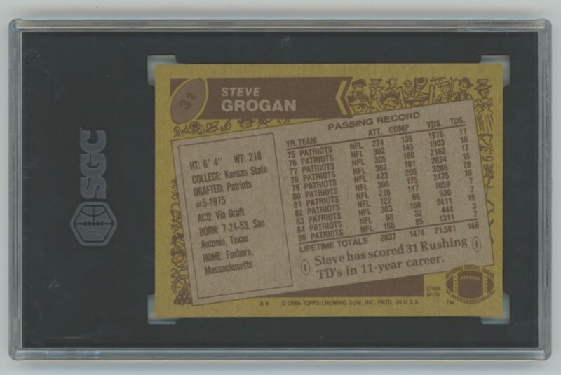 1986 TOPPS STEVE GROGAN SGC 75 NEW ENGLAND PATRIOTS 31 286685215736 2