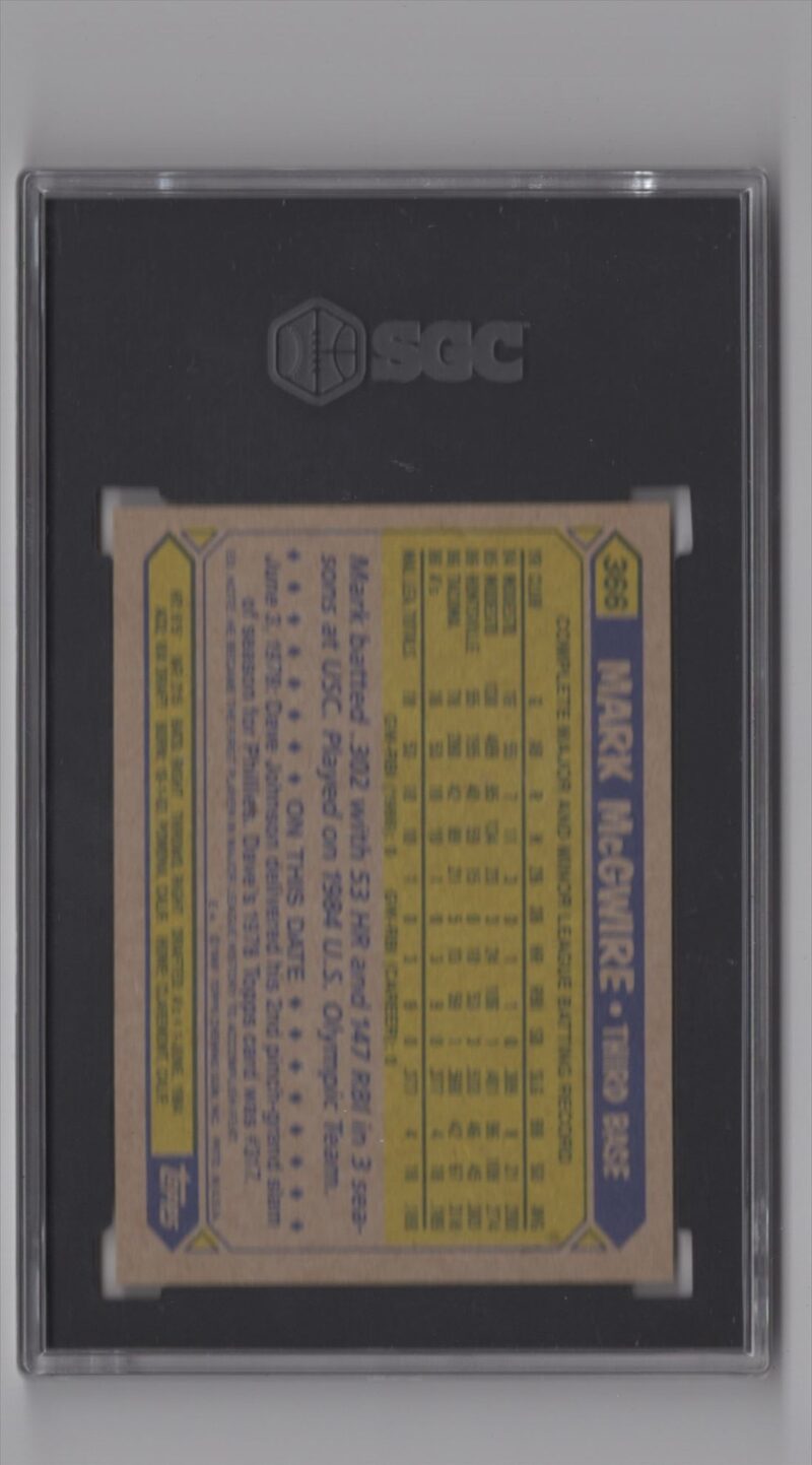 1987 TOPPS MARK MCGWIRE ROOKIE SGC 8 OAKLAND ATHLETICS #366 - Image 3