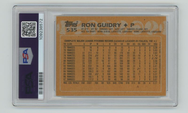 1988 TOPPS RON GUIDRY PSA 8 NEW YORK YANKEES #535 POP 9, TOTAL POP 59 - Image 3