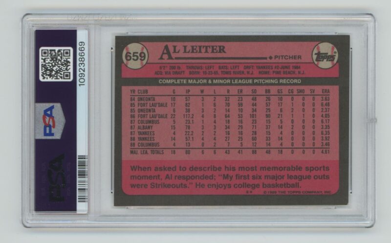 1989 TOPPS AL LEITER PSA 6 NEW YORK YANKEES #659 POP 1, ONLY 9 HIGHER - Image 3