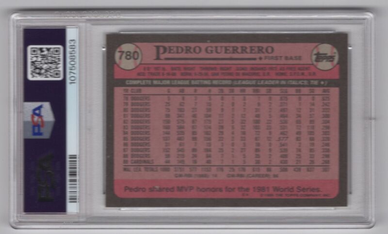 1989 TOPPS PEDRO GUERRERO PSA 9 ST. LOUIS CARDINALS #780 POP 5 NONE HIGHER - Image 3