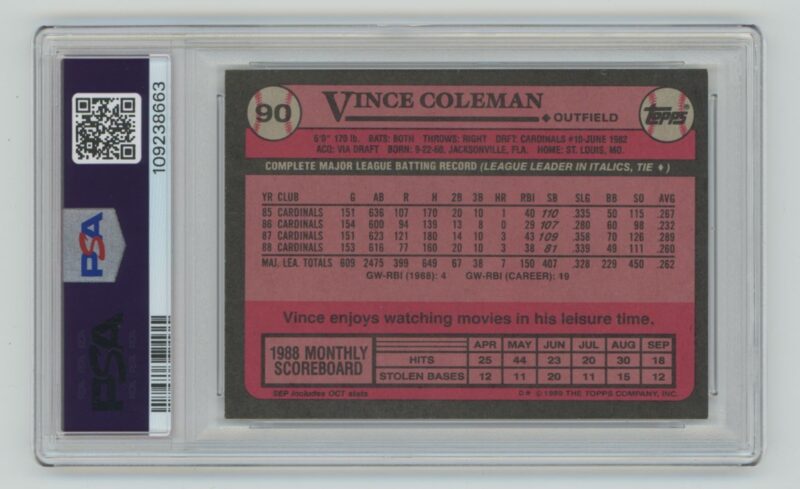 1989 TOPPS VINCE COLEMAN PSA 8 ST. LOUIS CARDINALS #90 POP 3 ONLY 4 HIGHER - Image 3