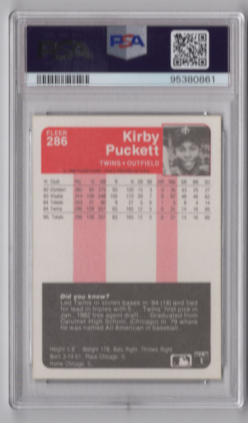 1990 FLEER 3-15 KIRBY PUCKETT PSA 9 MINNESOTA TWINS #286 - Image 3