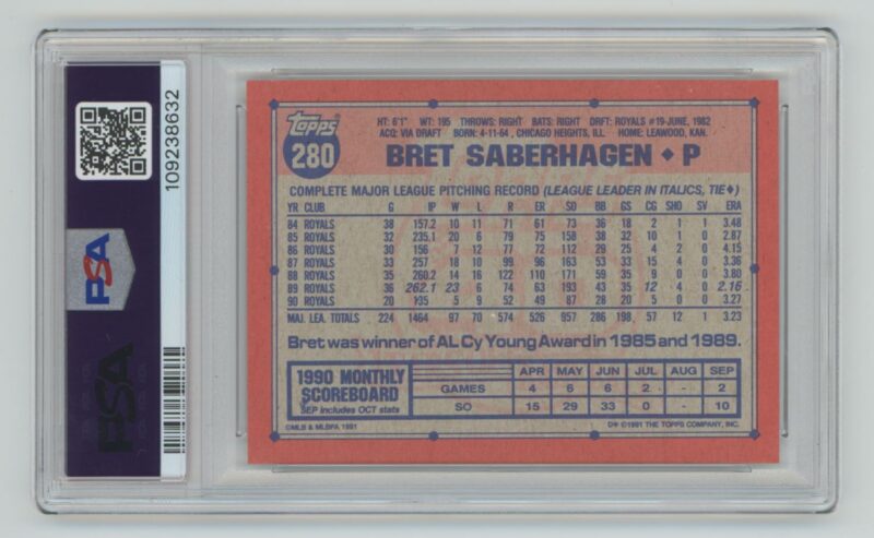 1991 TOPPS BRET SABERHAGEN PSA 9 KANSAS CITY ROYALS #280 - Image 3