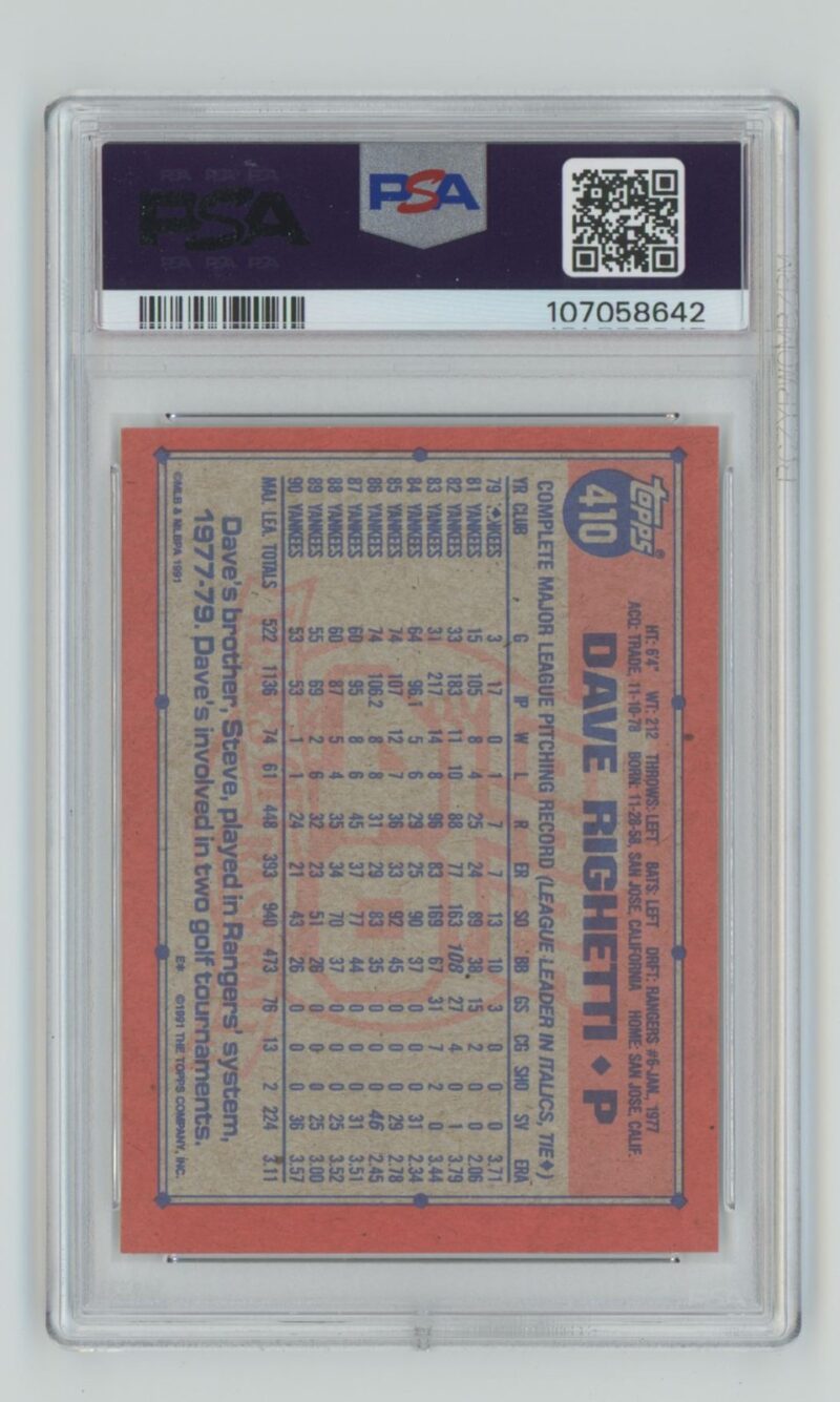 1991 TOPPS DAVE RIGHETTI PSA 9 NEW YORK YANKEES 410 POP 5 ONLY 9 HIGHER 286740614556 2