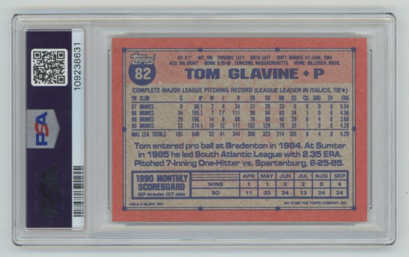 1991 TOPPS TOM GLAVINE PERFECT PSA 10 PSA 10 ATLANTA BRAVES #82 TOTAL POP 69 - Image 3