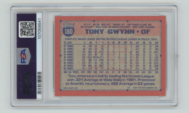 1991 TOPPS TONY GWYNN 107058641 PSA 9 SAN DIEGO PADRES #180 - Image 3