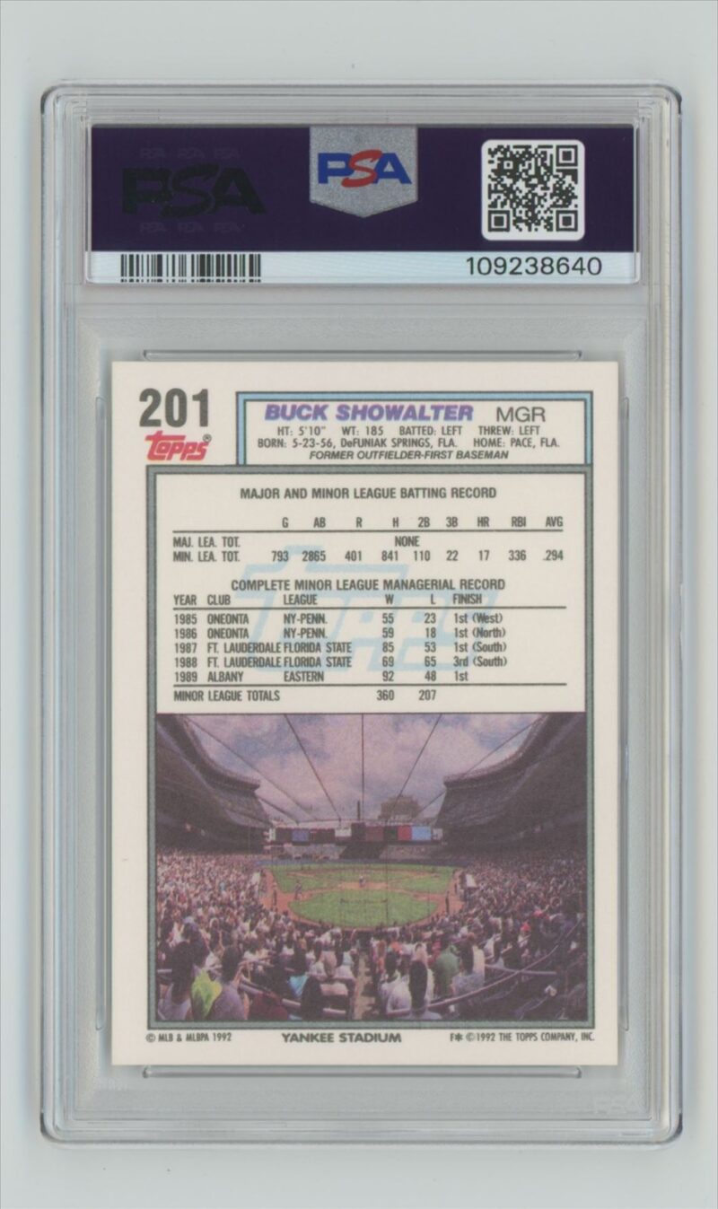 1992 TOPPS BUCK SHOWALTER PSA 8 NEW YORK YANKEES #201 - Image 3