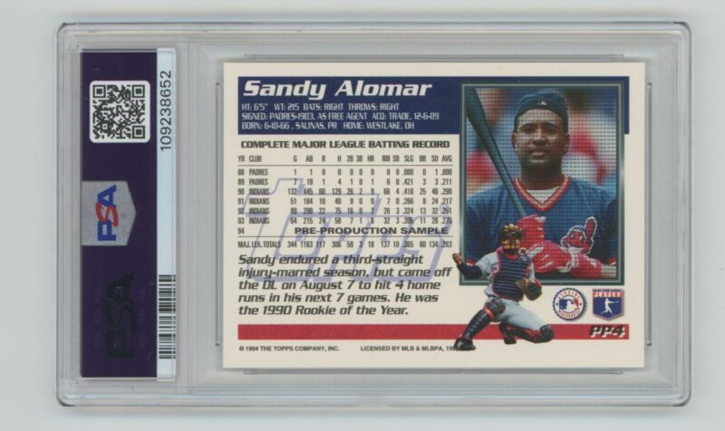 1994 TOPPS 1995 PRE-PRODUCTION SANDY ALOMAR JR. PSA 6 CLEVELAND INDIANS #PP4 POP - Image 3