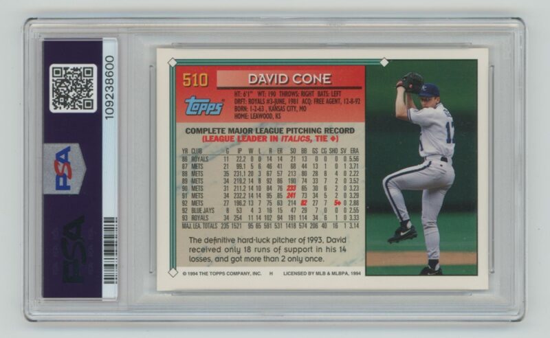 1994 TOPPS DAVID CONE PSA 8 KANSAS CITY ROYALS #510 POP 1 ONLY 4 HIGHER - Image 3