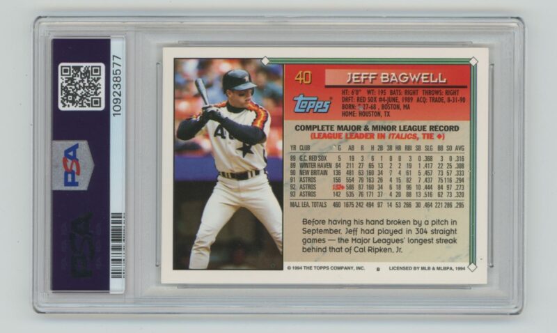 1994 TOPPS JEFF BAGWELL PSA 7 HOUSTON ASTROS #40 POP 4, TOTAL POP 77 - Image 3