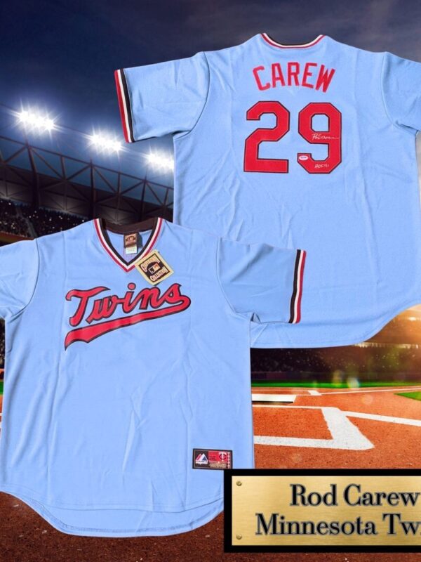 MINNESOTA TWINS ROD CAREW  AUTOGRAPHED MAJESTIC JERSEY INSCRIBED "HOF 91"