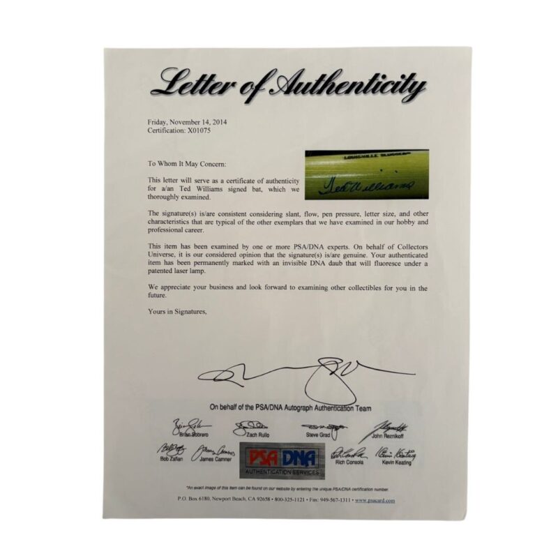 Ted Williams Autographed Louisville Slugger MLB Bat w/ Display Case (PSA) - Image 9