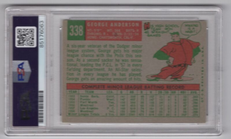 1959 TOPPS GEORGE ANDERSON ROOKIE AUTO PSA PHILADELPHIA PHILLIES #338 HAND - Image 3