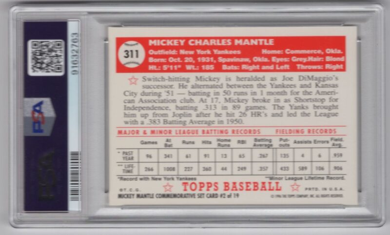 1959 TOPPS REPRINT MICKEY MANTLE PSA 9 NEW YORK YANKEES #2 - Image 3