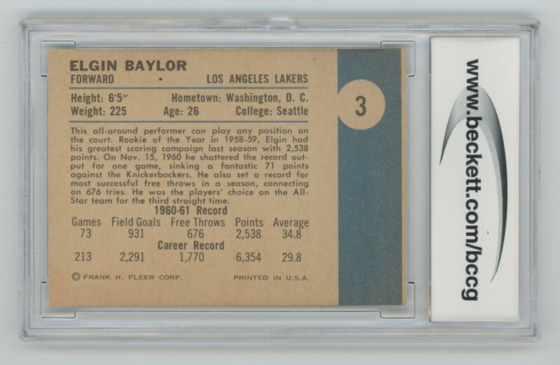 1961-62 FLEER ELGIN BAYLOR ROOKIE BECKETT 7 LOS ANGELES LAKERS #3 - Image 3