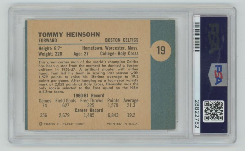 1961-62 FLLEER TOMMY HEINSOHN ROOKIE PSA 8 BOSTON CELTICS #19 - Image 3