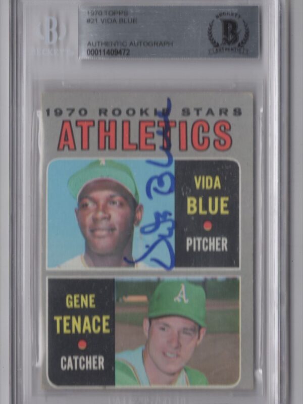 1970 TOPPS VIDA BLUE ROOKIE AUTO BECKETT OAKLAND ATHLETICS #21 AUTH.