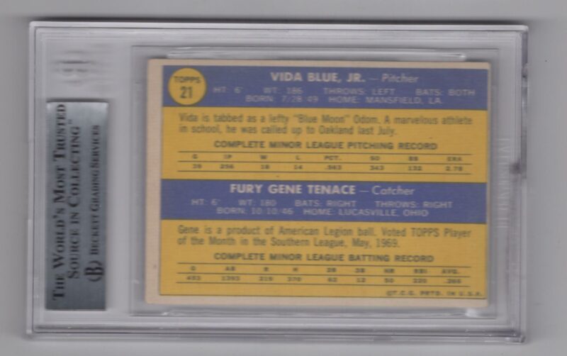 1970 TOPPS VIDA BLUE ROOKIE AUTO BECKETT OAKLAND ATHLETICS #21 HAND SIGNED - Image 3