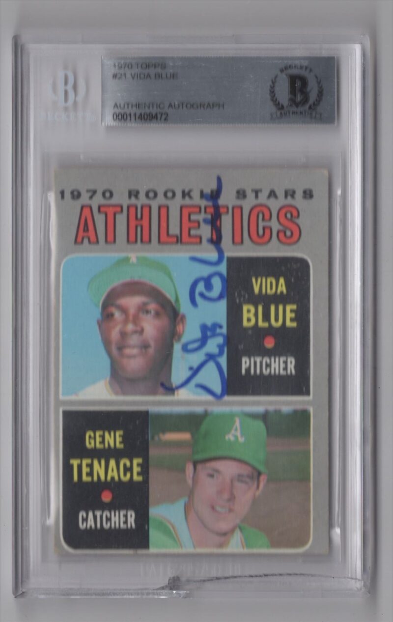 1970 TOPPS VIDA BLUE ROOKIE AUTO BECKETT OAKLAND ATHLETICS #21 HAND SIGNED