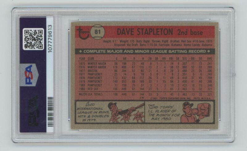 1981 TOPPS DAVE STAPLETON ROOKIE AUTO PSA 6 BOSTON RED SOX #81 AUTHENTIC - Image 3