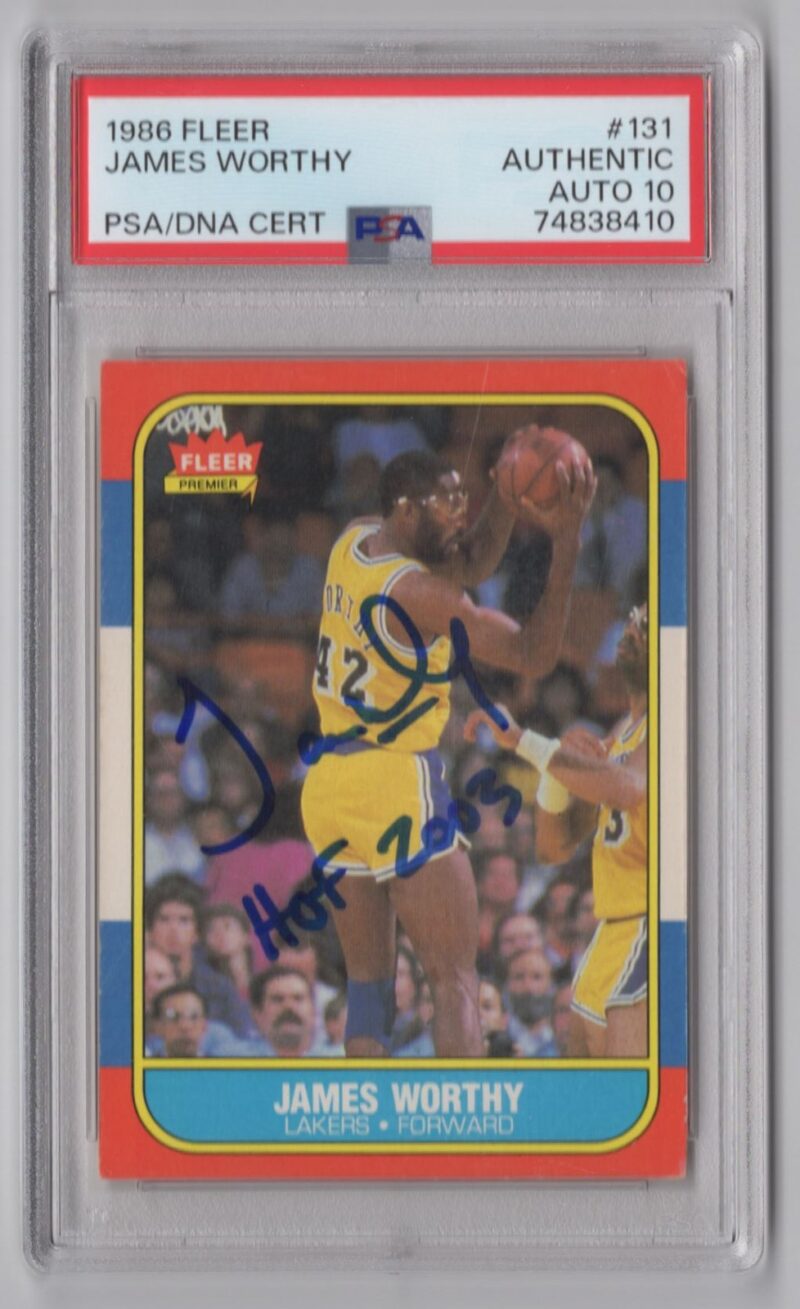 1986 FLEER JAMES WORTHY PSA 10 LA LAKERS #131 AUTO., INSCRIBED HOF 2003