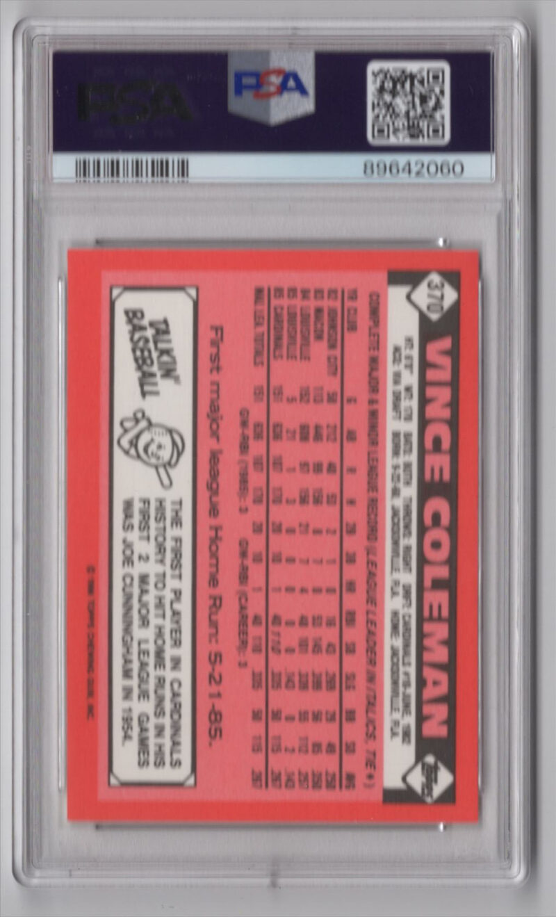 1986 TOPPS 3-15 VINCE COLEMAN ROOKIE PSA 9 ST. LOUIS CARDINALS #370 - Image 3