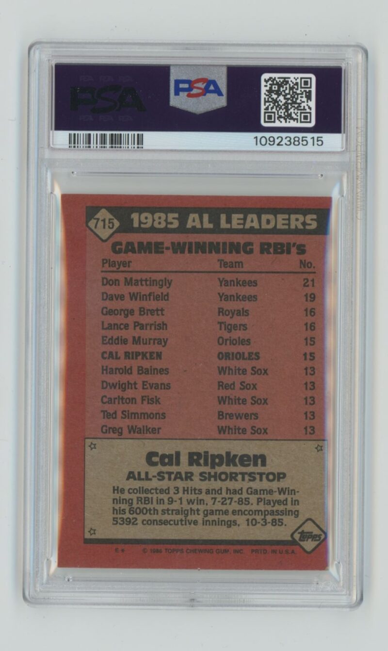 1986 TOPPS CAL RIPKEN PSA 7 BALTIMORE ORIOLES #715 - Image 3