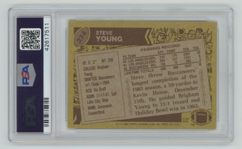 1986 TOPPS STEVE YOUNG ROOKIE AUTO AUTHENTIC AUTOGRAPH PSA 9 TAMPA BAY - Image 3