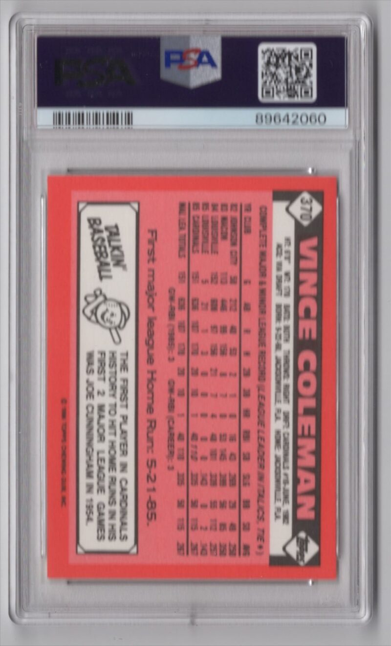 1986 TOPPS VINCE COLEMAN ROOKIE PSA 9 ST. LOUIS CARDINALS #370 - Image 3