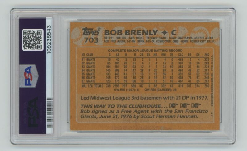1988 TOPPS BOB BRENLY PSA 8 SAN FRANCISCO GIANTS #703 POP 1 OF 1 - Image 3