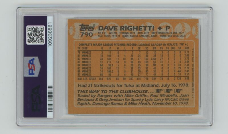 1988 TOPPS DAVE RIGHETTI PSA 8 NEW YORK YANKEES #790 - Image 3