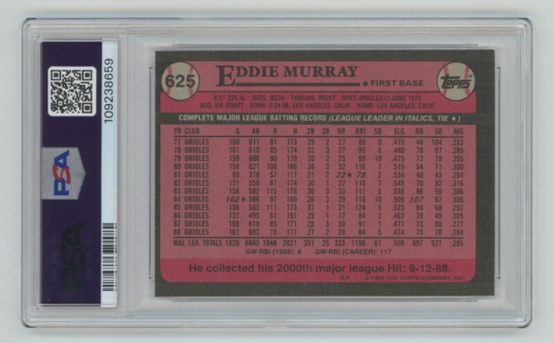 1989 TOPPS EDDIE MURRAY PSA 9 BALTIMORE ORIOLES #625 - Image 3