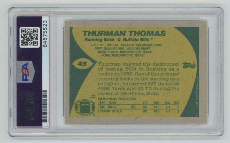 1989 TOPPS THURMAN THOMAS ROOKIE AUTO AUTHENTIC AUTOGRAPH PSA BUFFALO BILLS #45 - Image 3