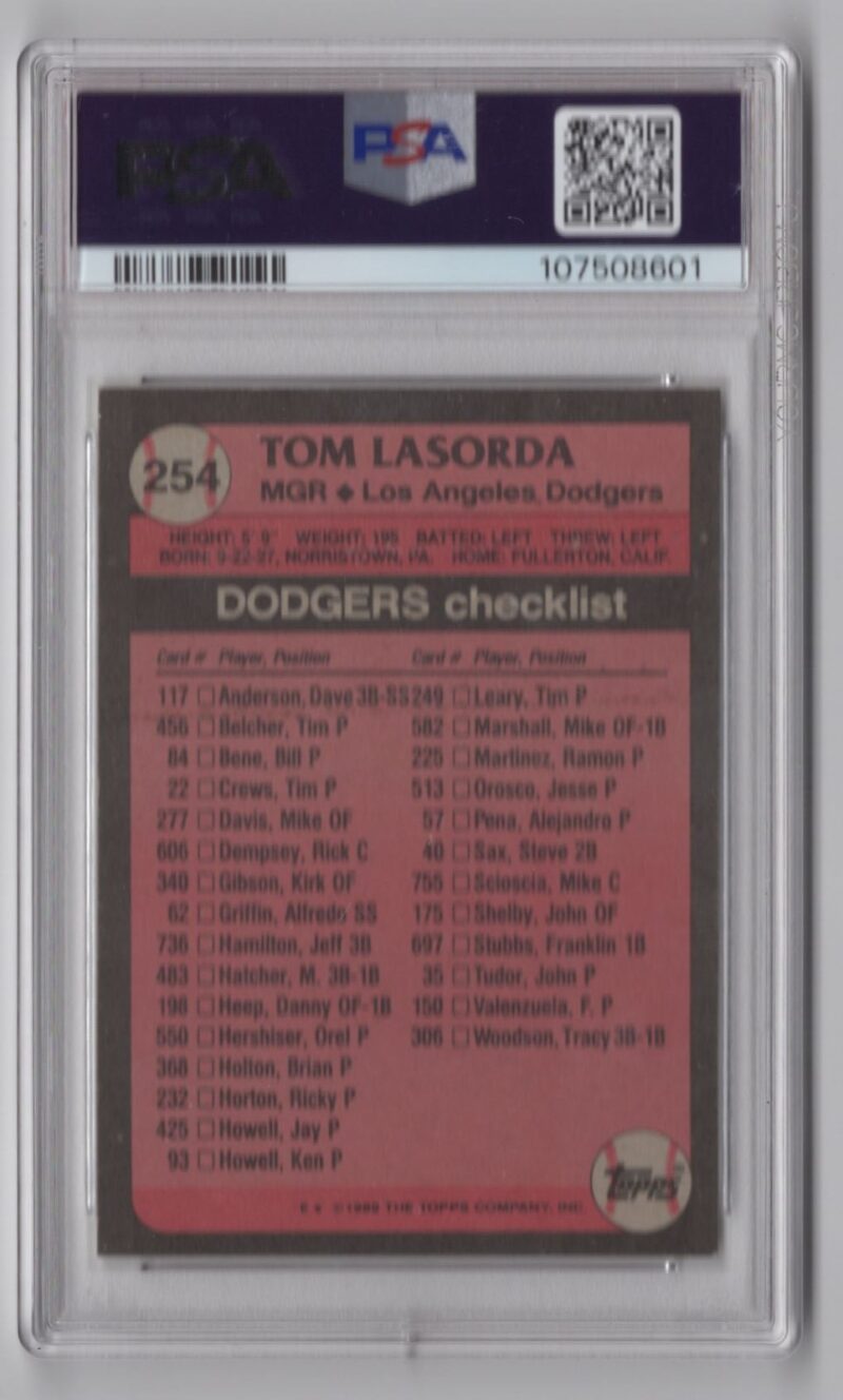 1989 TOPPS TOMMY LASORDA PSA 9 LOS ANGELES DODGERS #254 TOTAL POP UNDER 40 - Image 3
