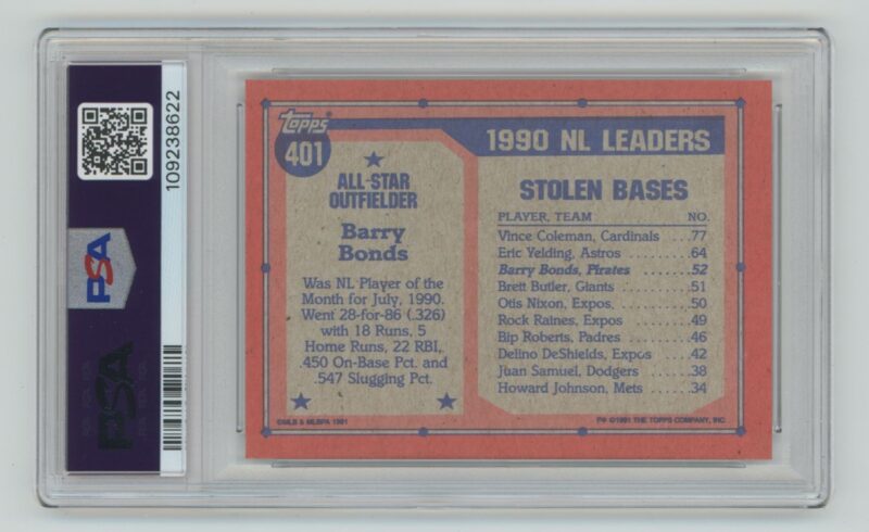 1991 TOPPS BARRY BONDS PSA 9 PITTSBURGH PIRATES #401 - Image 3