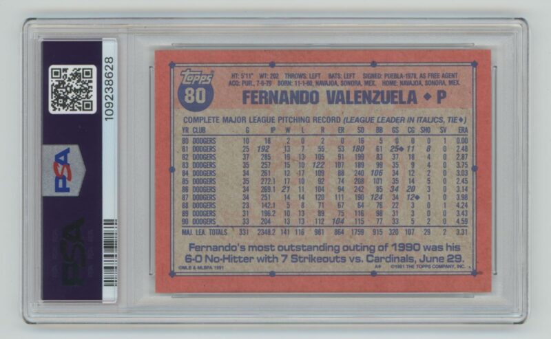 1991 TOPPS FERNANDO VALENZUELA PSA 8 LOS ANGELES DODGERS #80 - Image 3