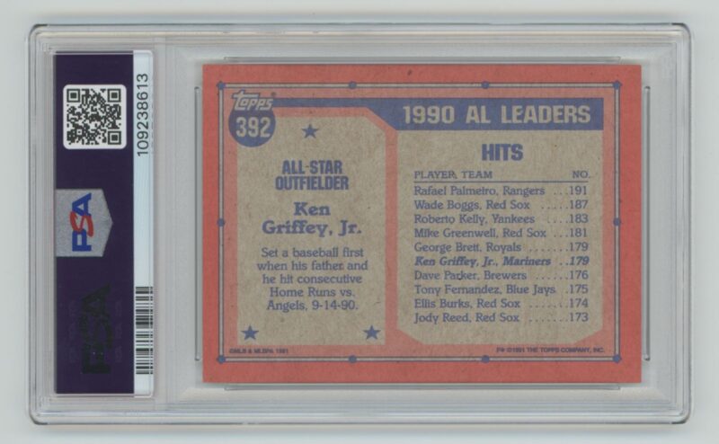 1991 TOPPS KEN GRIFFEY JR. PERFECT PSA 10 PSA 10 SEATTLE MARINERS #392 - Image 3