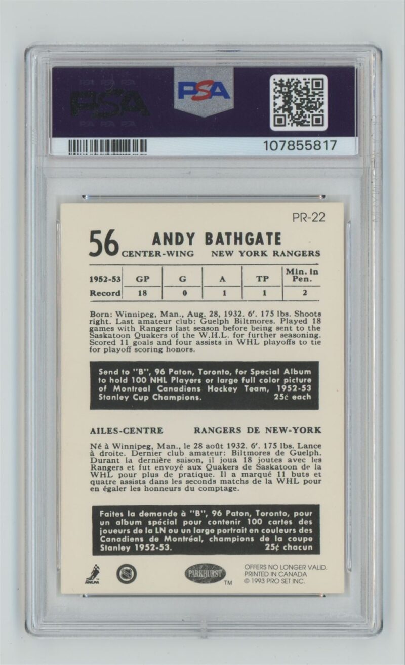 1992 93 PARKHURST ANDY BATHGATE PSA 6 NEW YORK RANGERS PR 22 REPRINT 286685210257 2