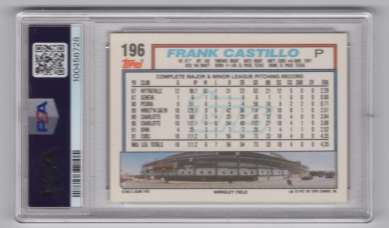 1992 TOPPS FRANK CASTILLO ROOKIE AUTO PSA 8 CHICAGO CUBS #196 - Image 3