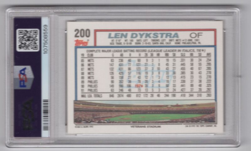 1992 TOPPS LENNY DYKSTRA PSA 10 PHILADELPHIA PHILLIES #200 PERFECT PSA 10 POP - Image 3