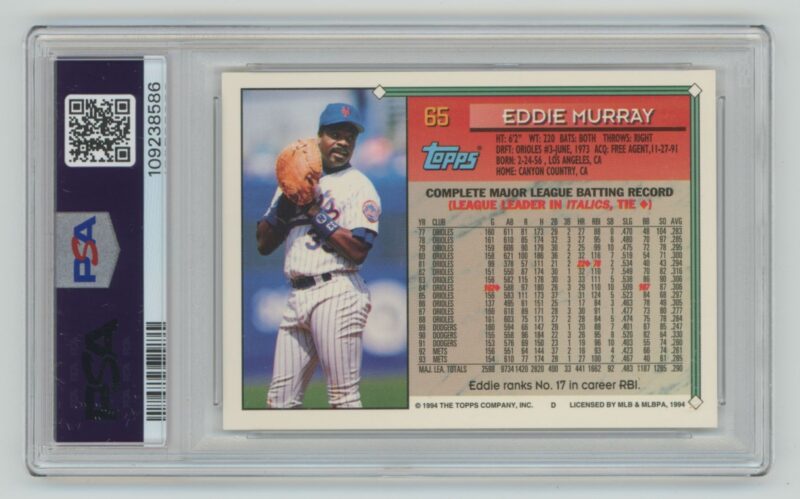 1994 TOPPS EDDIE MURRAY PERFECT PSA 10 PSA 10 NEW YORK METS #65 TOTAL POP 62 - Image 3