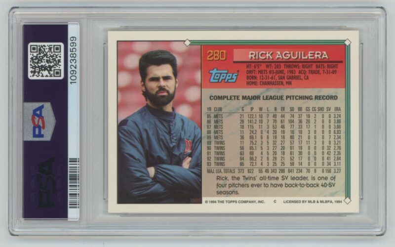 1994 TOPPS RICK AGUILERA PSA 9 MINNESOTA TWINS #280 POP 1, ONLY 1 HIGHER - Image 3